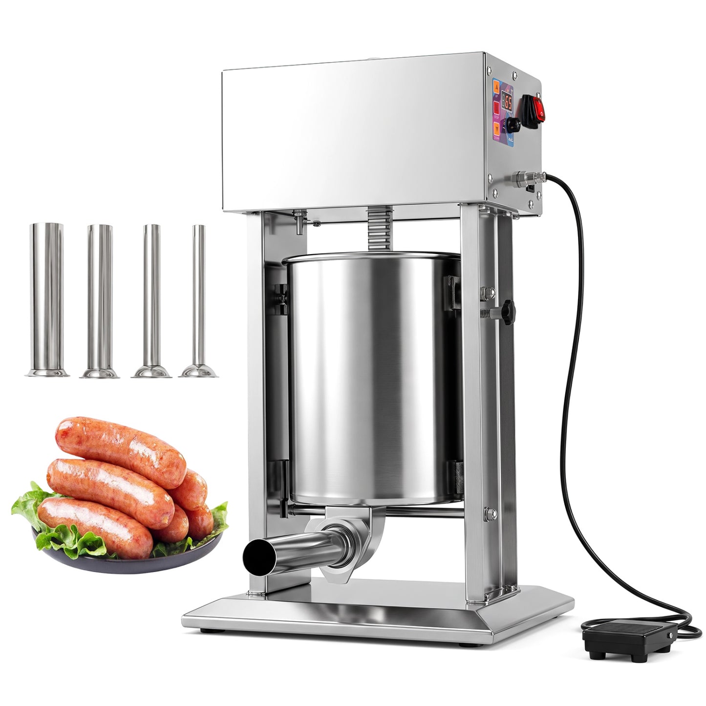 10L Electric Sausage Stuffer with 4 Stuffing Tubes Foot Pedal and Stepless Speed Control-Silver