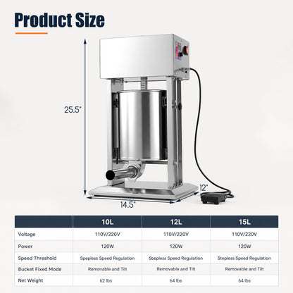 10L Electric Sausage Stuffer with 4 Stuffing Tubes Foot Pedal and Stepless Speed Control-Silver