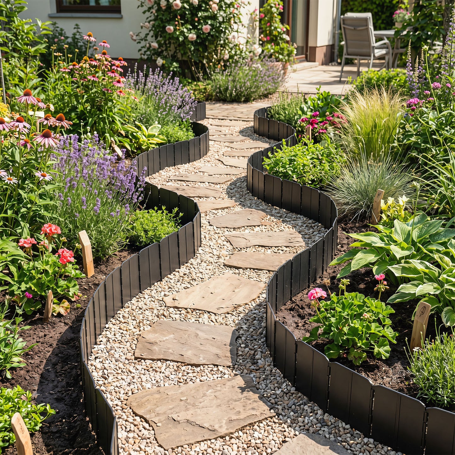 Black 10.5 ft garden edging borders with 70 interlocking pieces for flower beds, no dig design, from Wilsons Home Store.