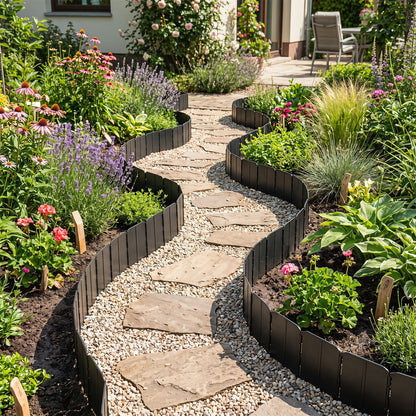 Black 10.5 ft garden edging borders with 70 interlocking pieces for flower beds, no dig design, from Wilsons Home Store.