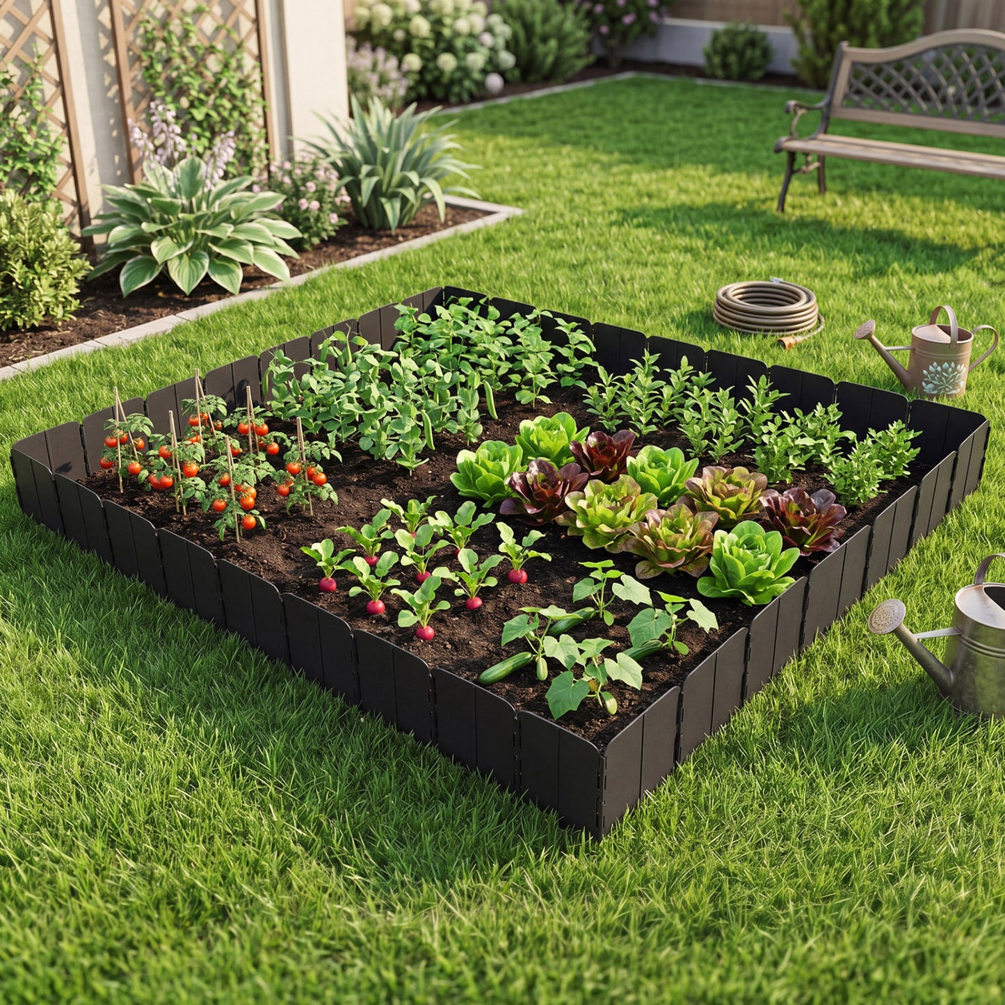 Black 10.5 ft garden edging borders with 70 interlocking pieces for flower beds, no-dig design, ideal for raised garden beds.