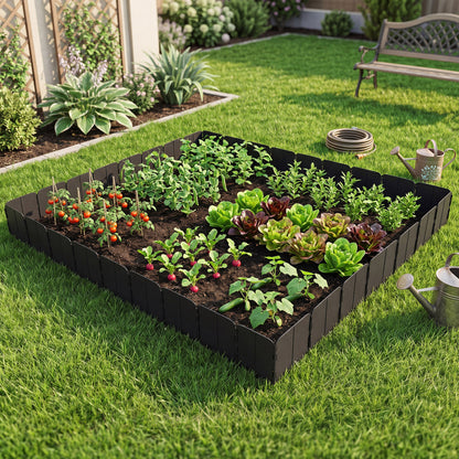 Black 10.5 ft garden edging borders with 70 interlocking pieces for flower beds, no-dig design, ideal for raised garden beds.