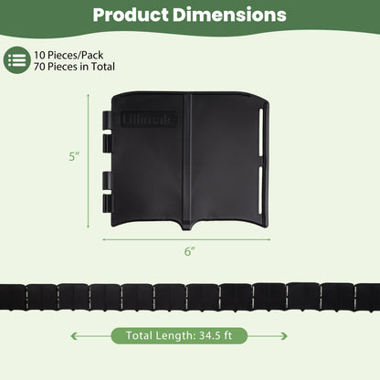 Black 10.5 ft garden edging border with 70 interlocking pieces for flower beds, no dig design, ideal for raised garden beds.