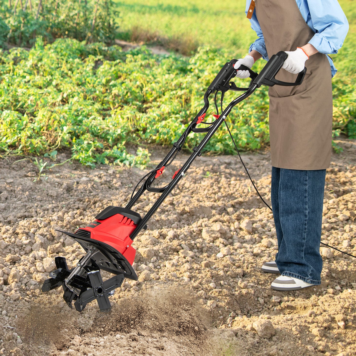 10 Amp Powerful Corded Electric Tiller Cultivator with Safety Lock-Red