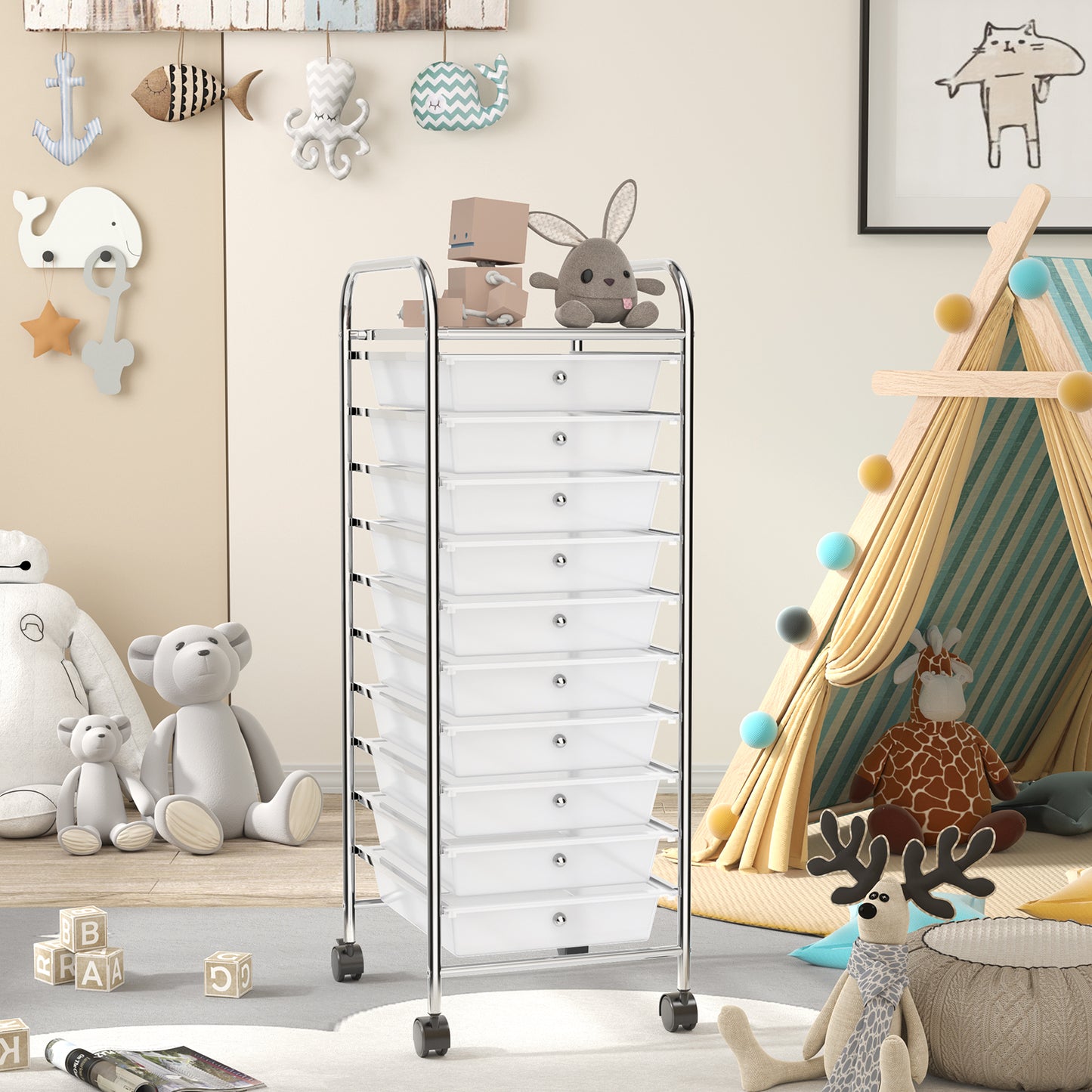 10 Drawer Rolling Storage Cart Organizer with 4 Universal Casters-Black