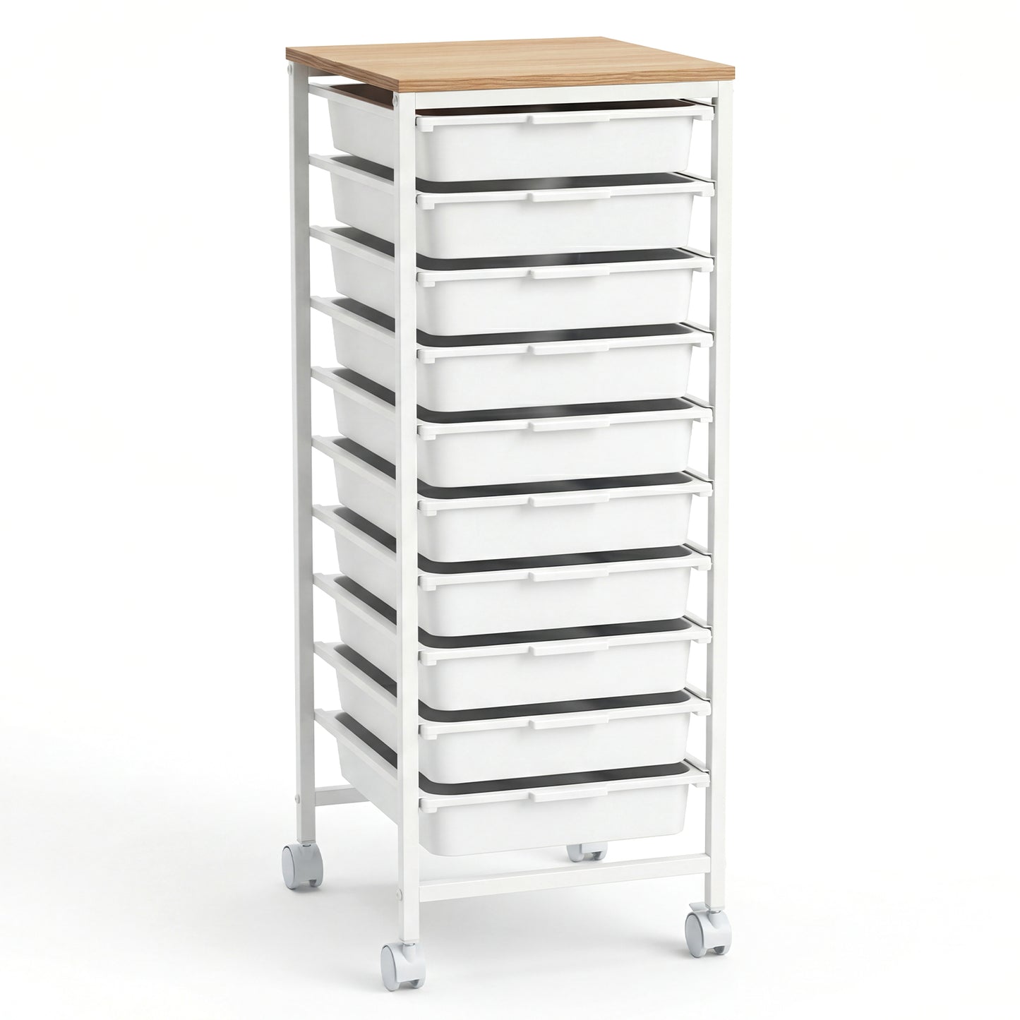 10-Drawer Rolling Storage Cart Mobile Utility Organizer with Wooden Tabletop and Lockable Wheels-White