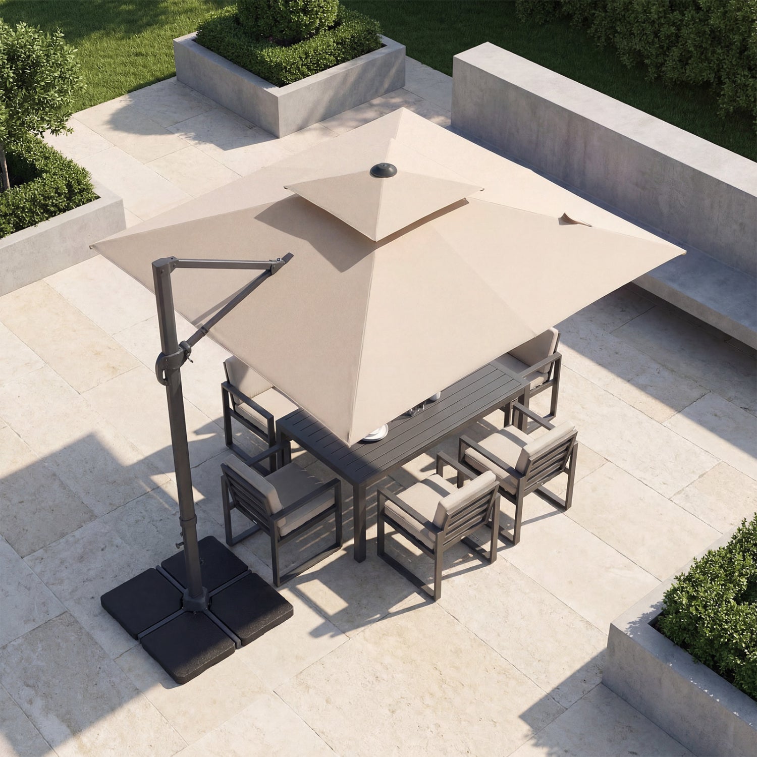 Beige 10 ft aluminum pole patio cantilever umbrella with sturdy base for outdoor shade, designed for outdoor use.