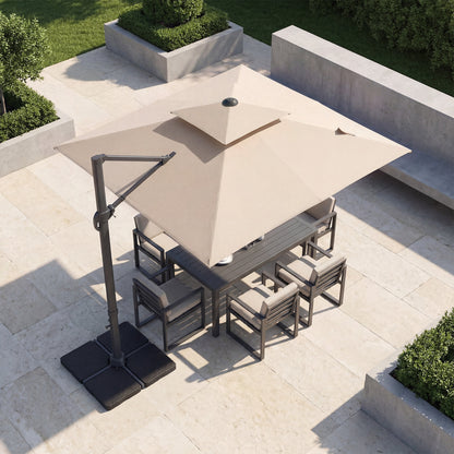 Beige 10 ft aluminum pole patio cantilever umbrella with sturdy base for outdoor shade, designed for outdoor use.