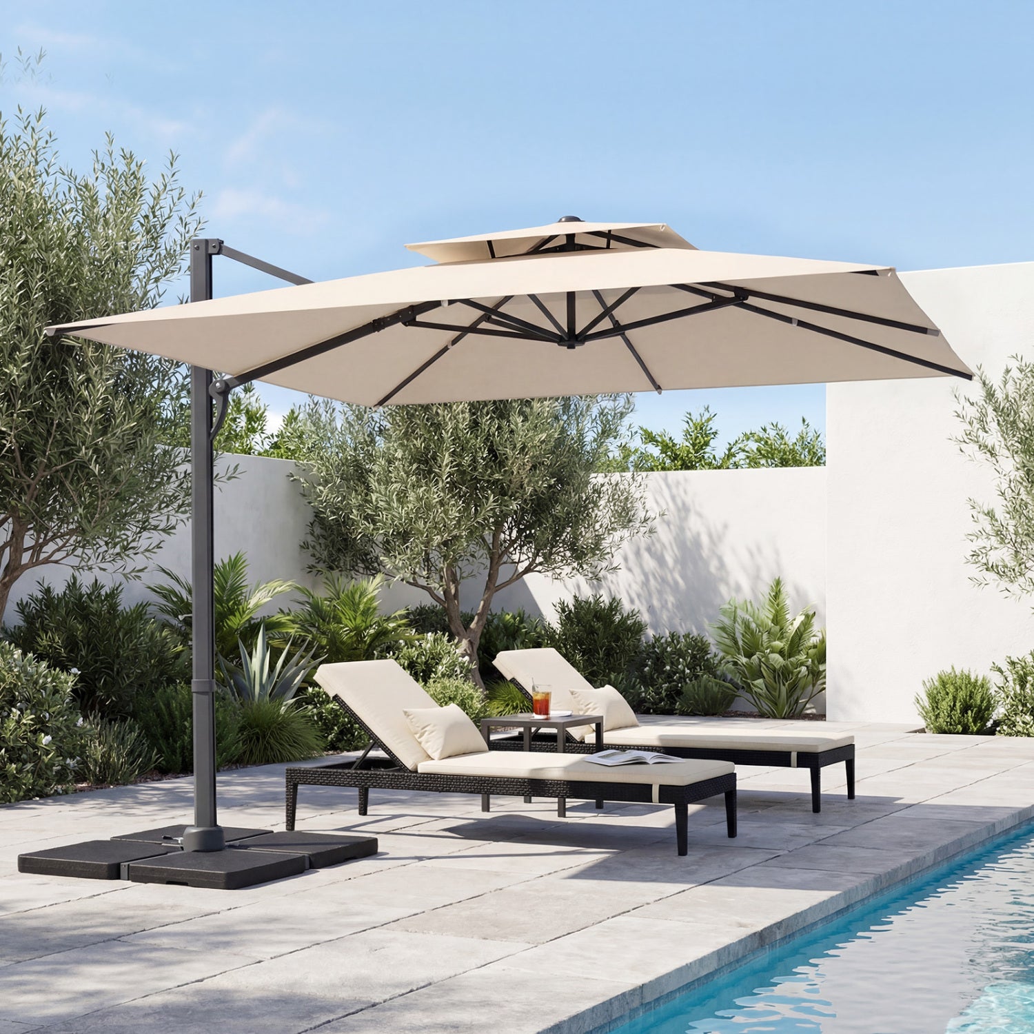 Beige 10 ft aluminum patio cantilever umbrella with sturdy pole and 220 lbs base, ideal for outdoor shade and sunny days.