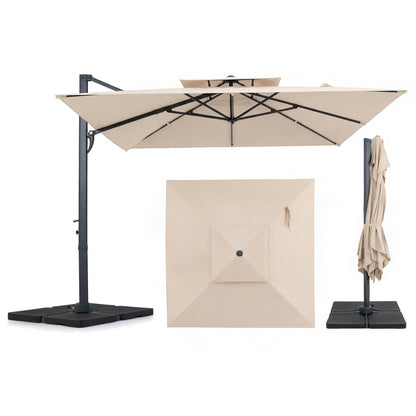 Beige 10 ft aluminum pole patio cantilever umbrella with 220 lbs base for outdoor shade, by Wilsons Home Store.