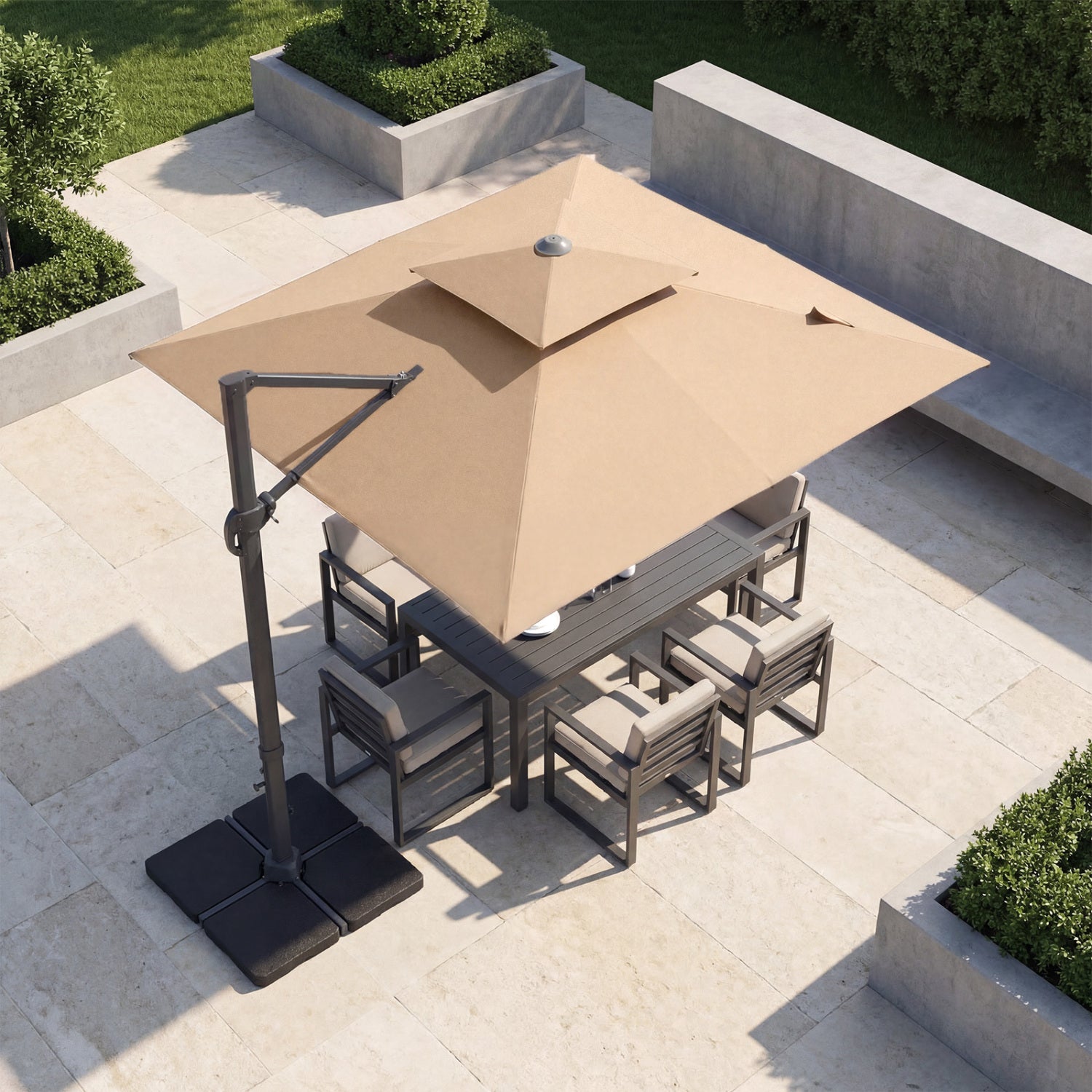 10 ft beige aluminum patio umbrella with a sturdy base, perfect for outdoor shading and patio comfort.