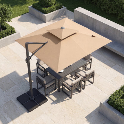 10 ft beige aluminum patio umbrella with a sturdy base, perfect for outdoor shading and patio comfort.