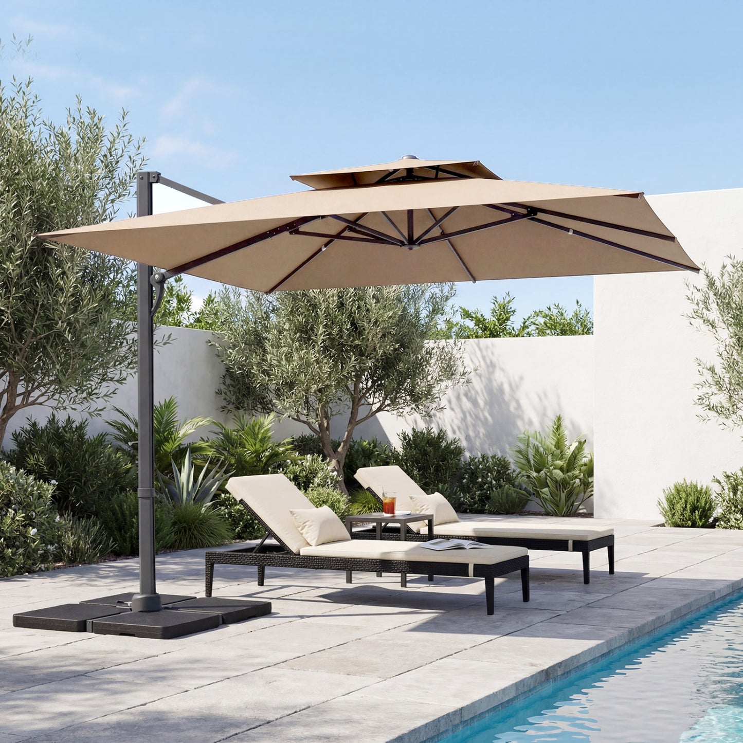 Beige 10 ft aluminum pole patio cantilever umbrella with sturdy base, outdoor shade from Wilsons Home Store.