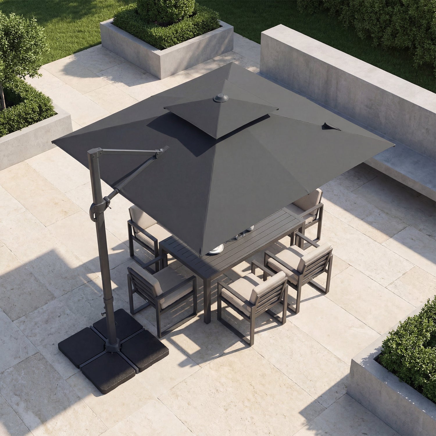 Beige 10-foot aluminum patio umbrella with cantilever design and sturdy base, ideal for outdoor shade and sun protection.