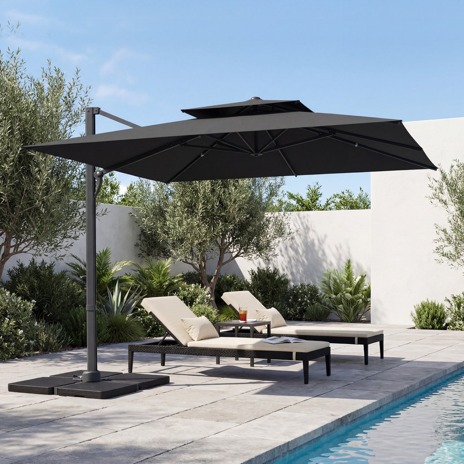 Beige 10 ft aluminum patio umbrella with cantilever design and sturdy base, ideal for outdoor shading and relaxation.