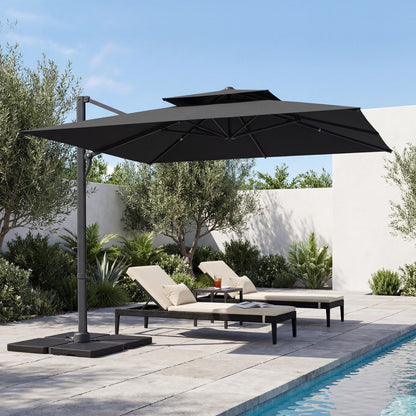 Beige 10 ft aluminum patio umbrella with cantilever design and sturdy base, ideal for outdoor shading and relaxation.