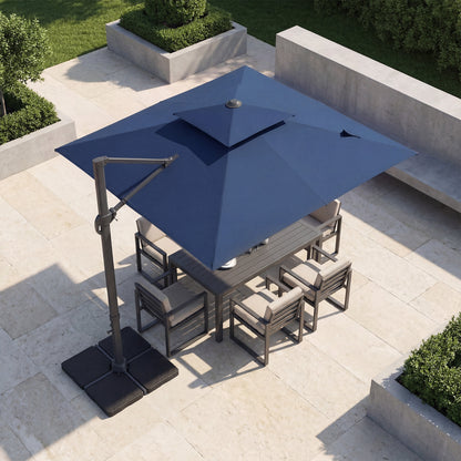 10 ft beige aluminum patio umbrella with sturdy base for outdoor shading, designed for outdoor spaces and equipped with a durable pole.