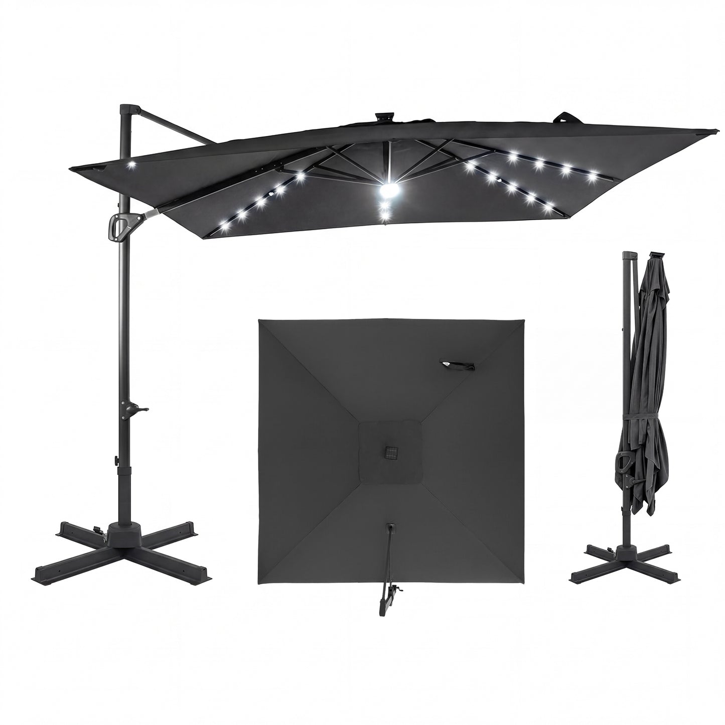 10 FT Cantilever Patio Umbrella with Solar LED Lights for Pool and Garden-Beige