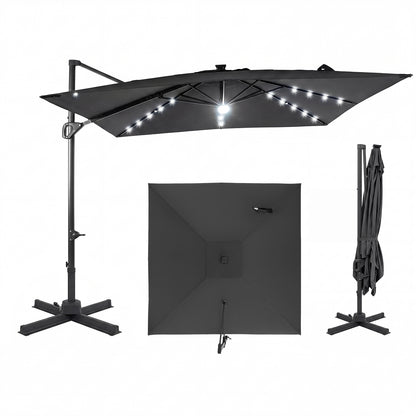 10 FT Cantilever Patio Umbrella with Solar LED Lights for Pool and Garden-Beige