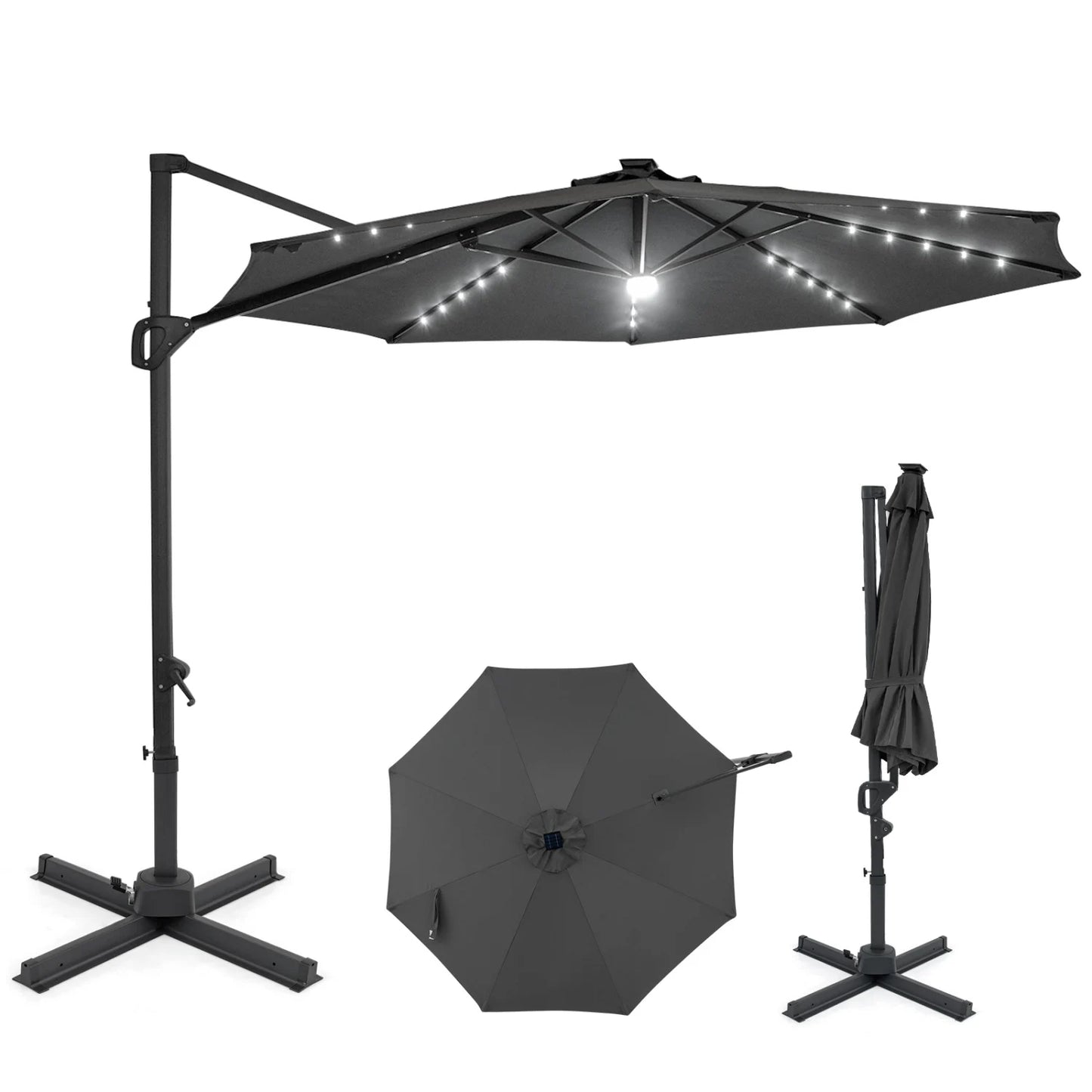 10 FT Cantilever Patio Umbrella with Solar LED Lights 360° Rotation-Beige