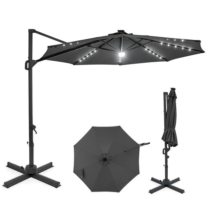 10 FT Cantilever Patio Umbrella with Solar LED Lights 360° Rotation-Beige