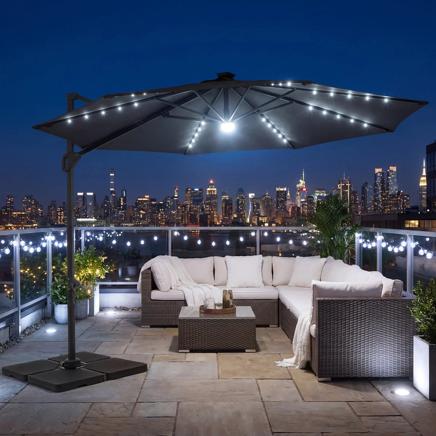 10 FT Cantilever Patio Umbrella with Solar LED Lights 360° Rotation-Beige