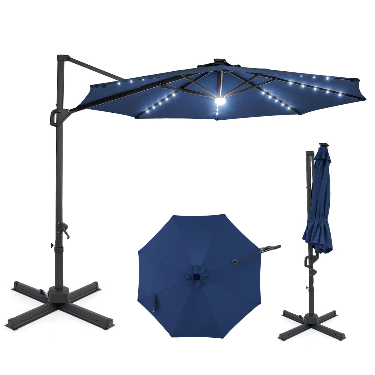 10 FT Cantilever Patio Umbrella with Solar LED Lights 360° Rotation-Beige