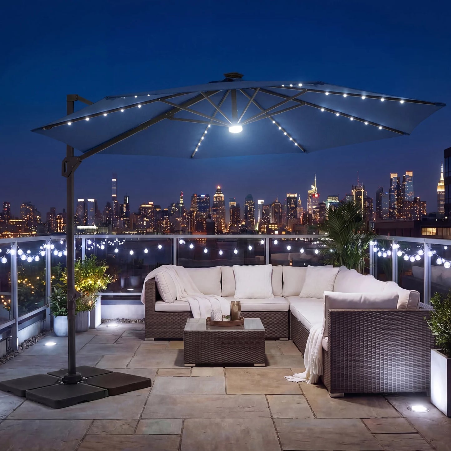 10 FT Cantilever Patio Umbrella with Solar LED Lights 360° Rotation-Beige