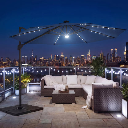 10 FT Cantilever Patio Umbrella with Solar LED Lights 360° Rotation-Beige