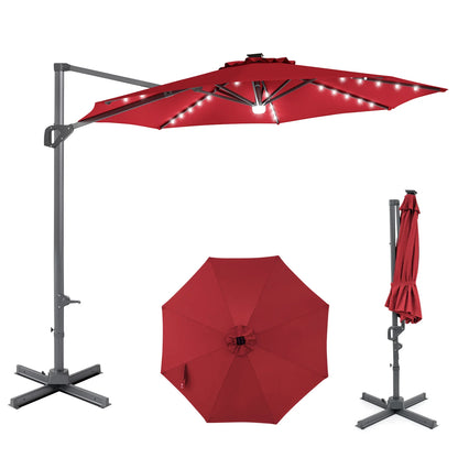 10 FT Cantilever Patio Umbrella with Solar LED Lights 360° Rotation-Beige