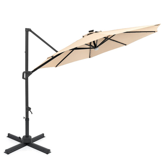 10 FT Cantilever Patio Umbrella with Solar LED Lights 360° Rotation-Beige