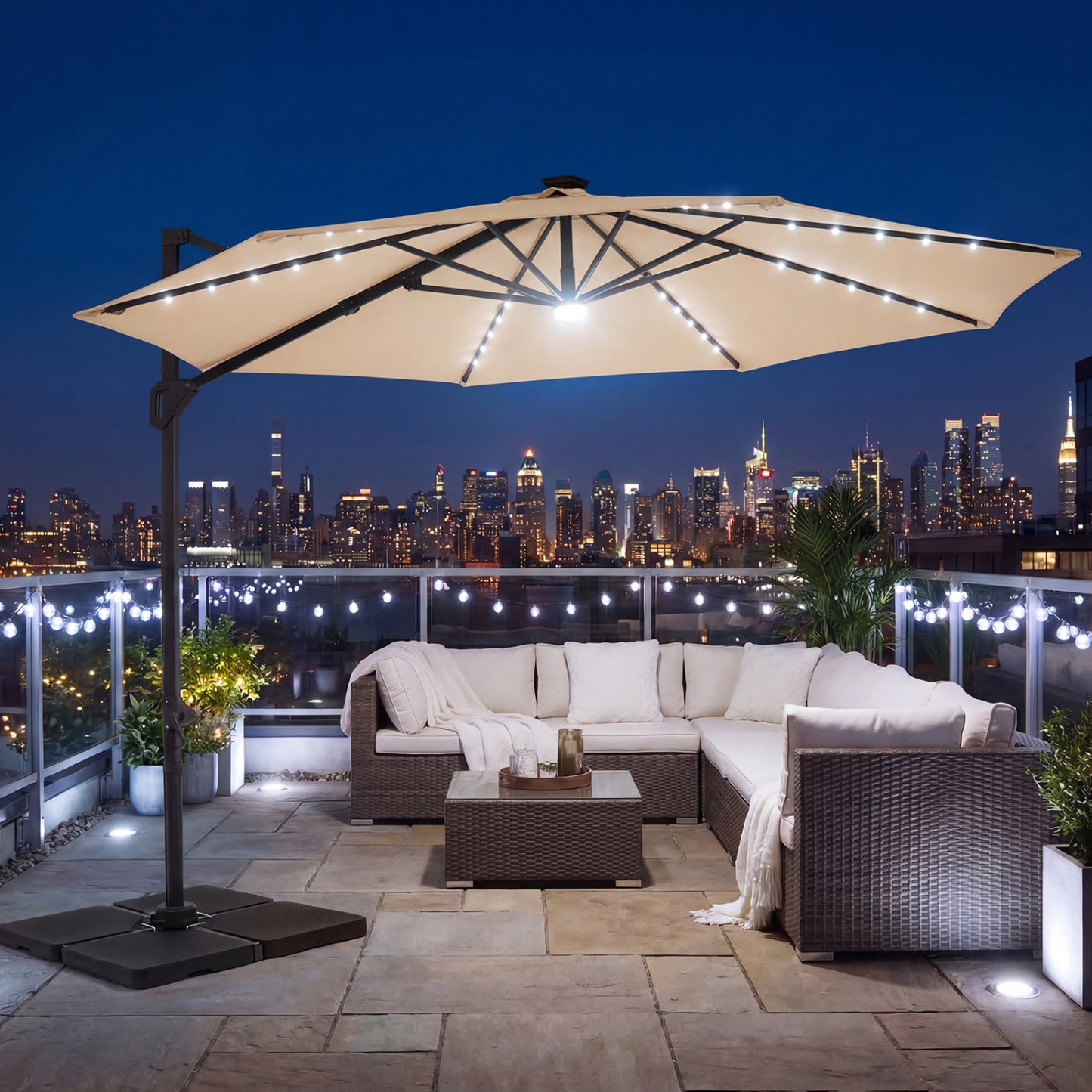 10 FT Cantilever Patio Umbrella with Solar LED Lights 360° Rotation-Beige
