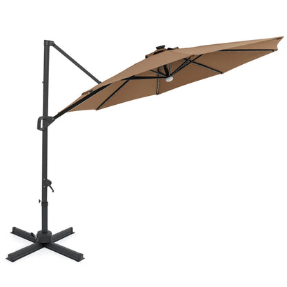 10 FT Cantilever Patio Umbrella with Solar LED Lights 360° Rotation-Beige