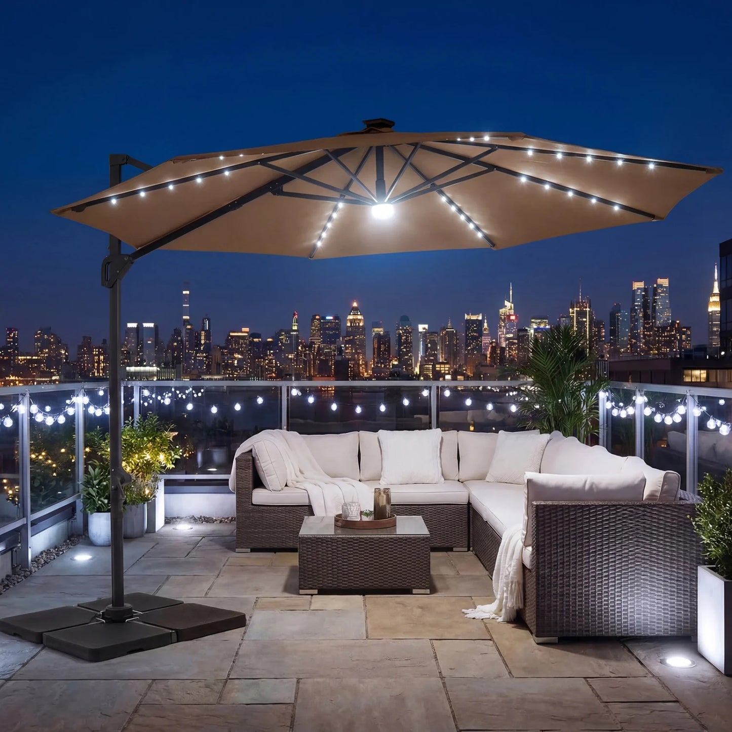 10 FT Cantilever Patio Umbrella with Solar LED Lights 360° Rotation-Beige