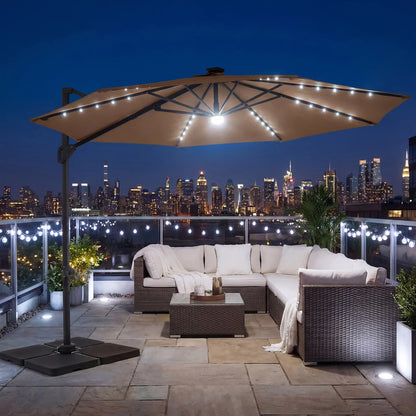 10 FT Cantilever Patio Umbrella with Solar LED Lights 360° Rotation-Beige