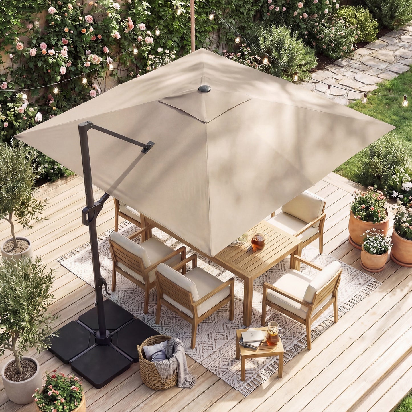 10 ft beige cantilever patio umbrella with 32 solar LED lights and a 220 lbs base, outdoor shade from Wilsons Home Store.