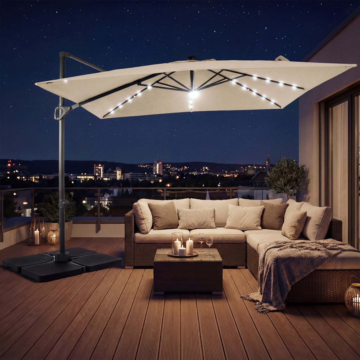 Beige 10 ft cantilever patio umbrella with 32 solar LED lights and heavy 220 lbs base, outdoor shade from Wilsons Home Store