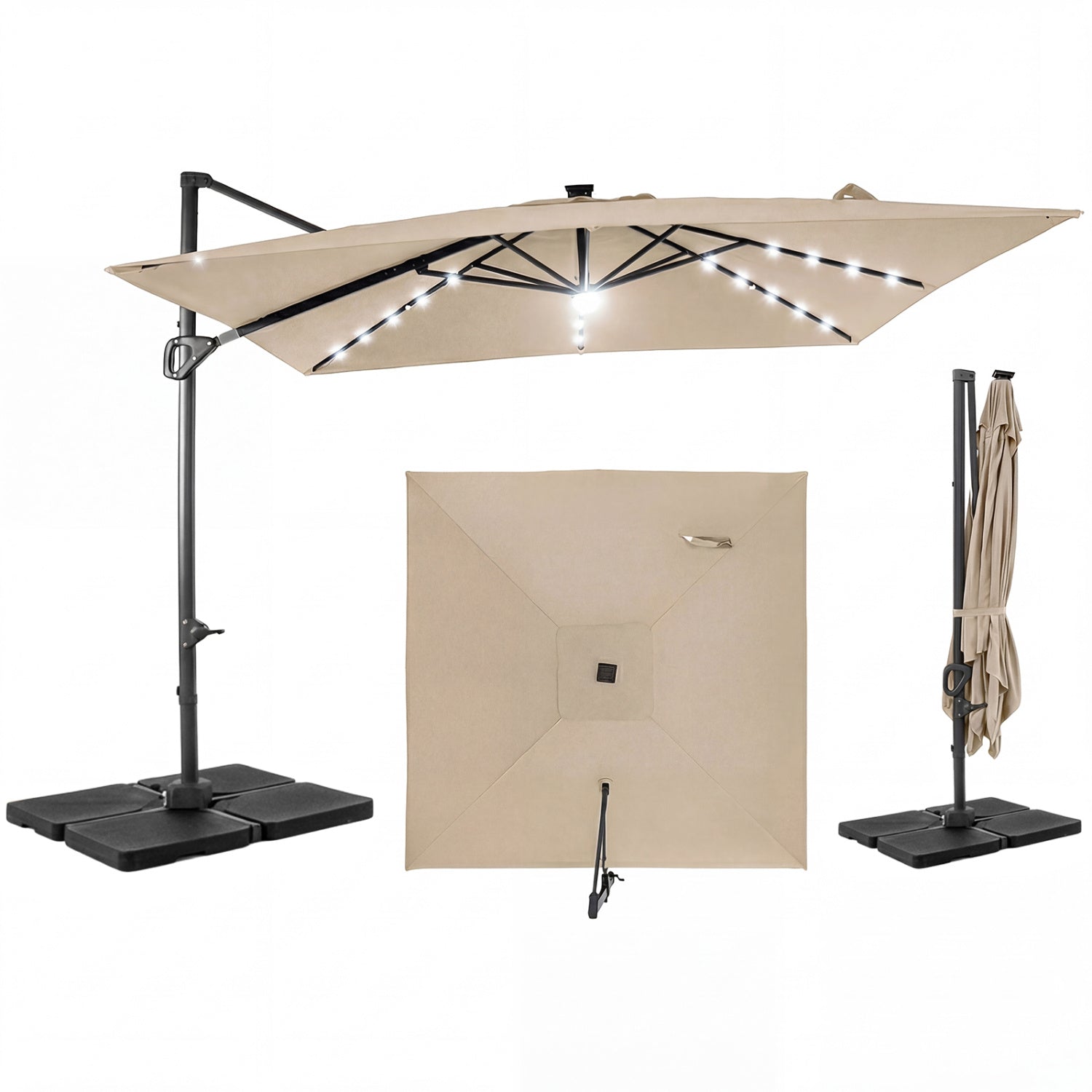 Beige 10 ft cantilever patio umbrella with solar LED lights and sturdy base, ideal for outdoor shade and sun protection.