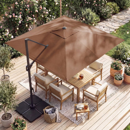 Beige 10 ft cantilever patio umbrella with solar LED lights and sturdy base, ideal for outdoor shade and sun protection.
