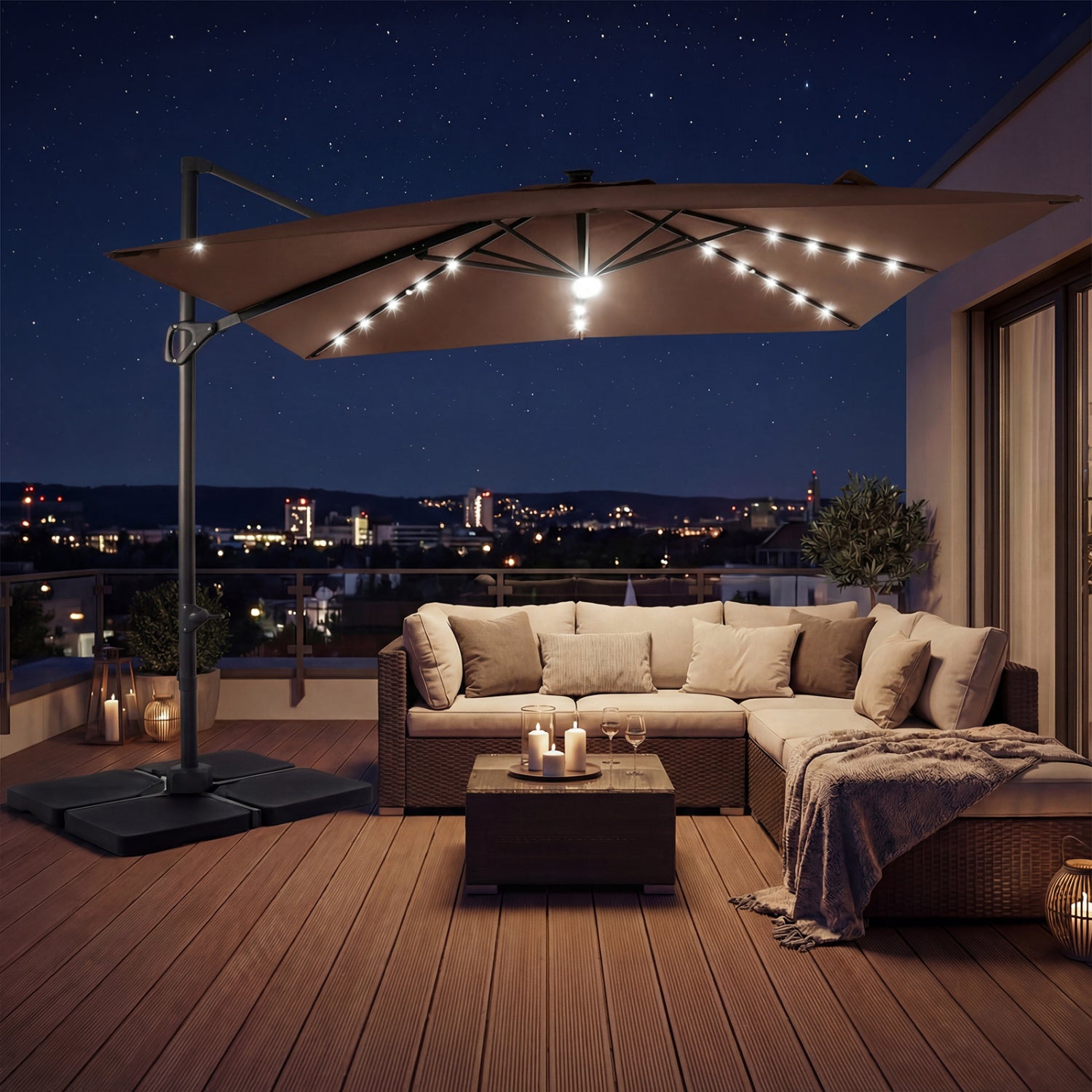 Beige 10 ft cantilever patio umbrella by Wilsons Home Store with solar LED lights and 220 lbs base for outdoor shade.