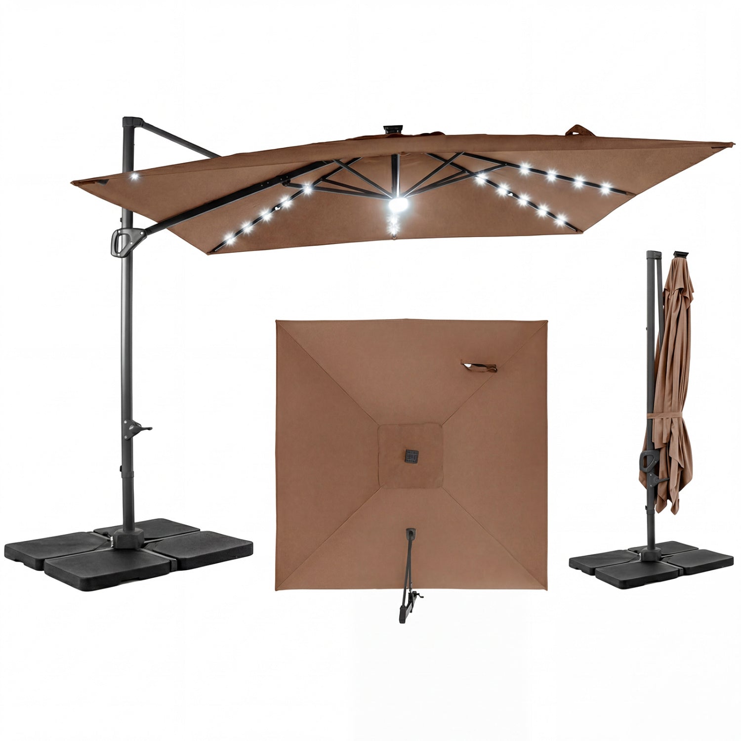 Beige 10 ft cantilever patio umbrella with solar LED lights and 220 lbs base, outdoor shade from Wilsons Home Store.