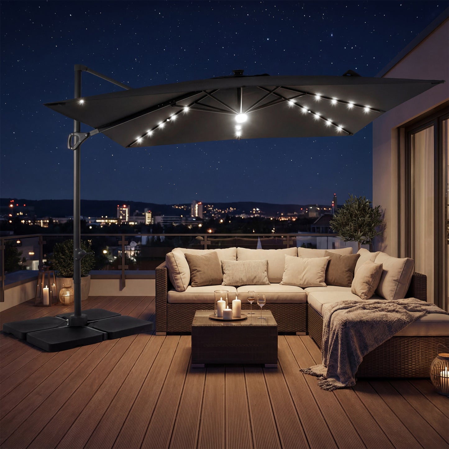 Beige 10 ft cantilever patio umbrella with solar LED lights and 220 lbs base for outdoor shade and sun protection.