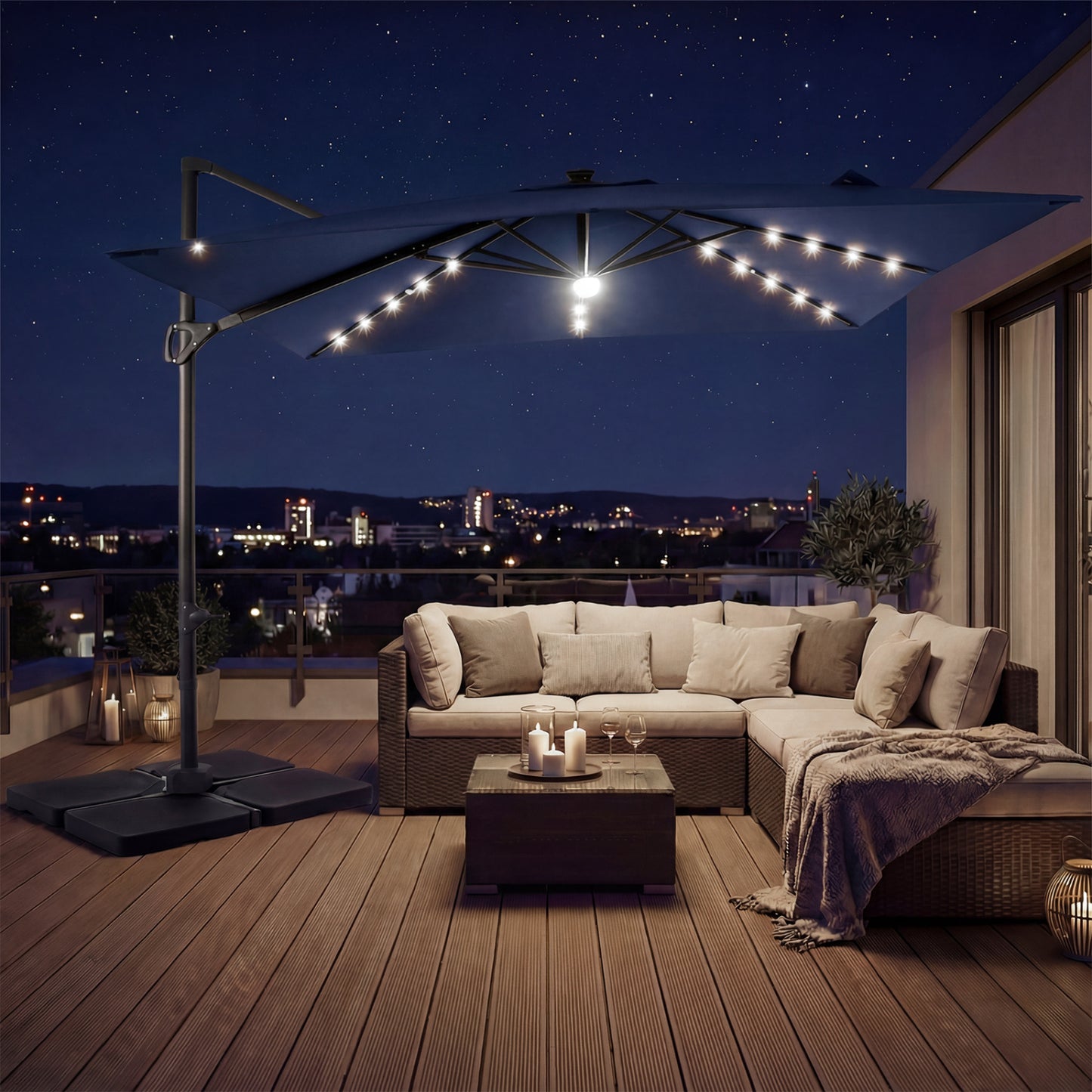 Beige 10 ft cantilever patio umbrella with 32 solar LED lights and 220 lbs base for outdoor shade and sun protection.