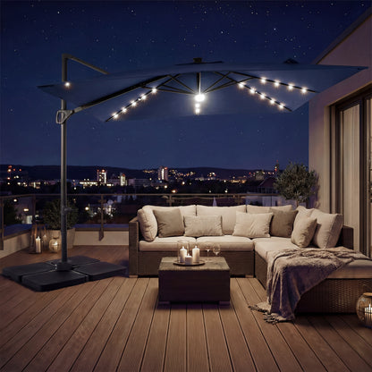 Beige 10 ft cantilever patio umbrella with 32 solar LED lights and 220 lbs base for outdoor shade and sun protection.