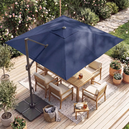 Beige 10 ft cantilever patio umbrella with 32 solar LED lights and heavy 220 lbs base for outdoor shade by Wilsons Home Store