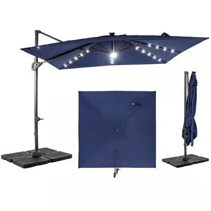 Beige 10 ft cantilever patio umbrella with solar LED lights and sturdy base, perfect for outdoor shade and relaxation.