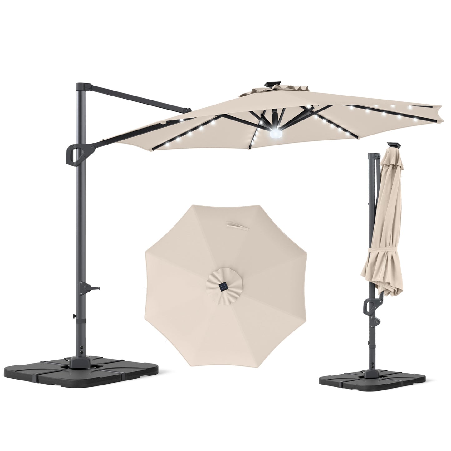 Beige 10 ft cantilever patio umbrella with solar LED lights and heavy 220 lbs base, outdoor shade by Wilsons Home Store.