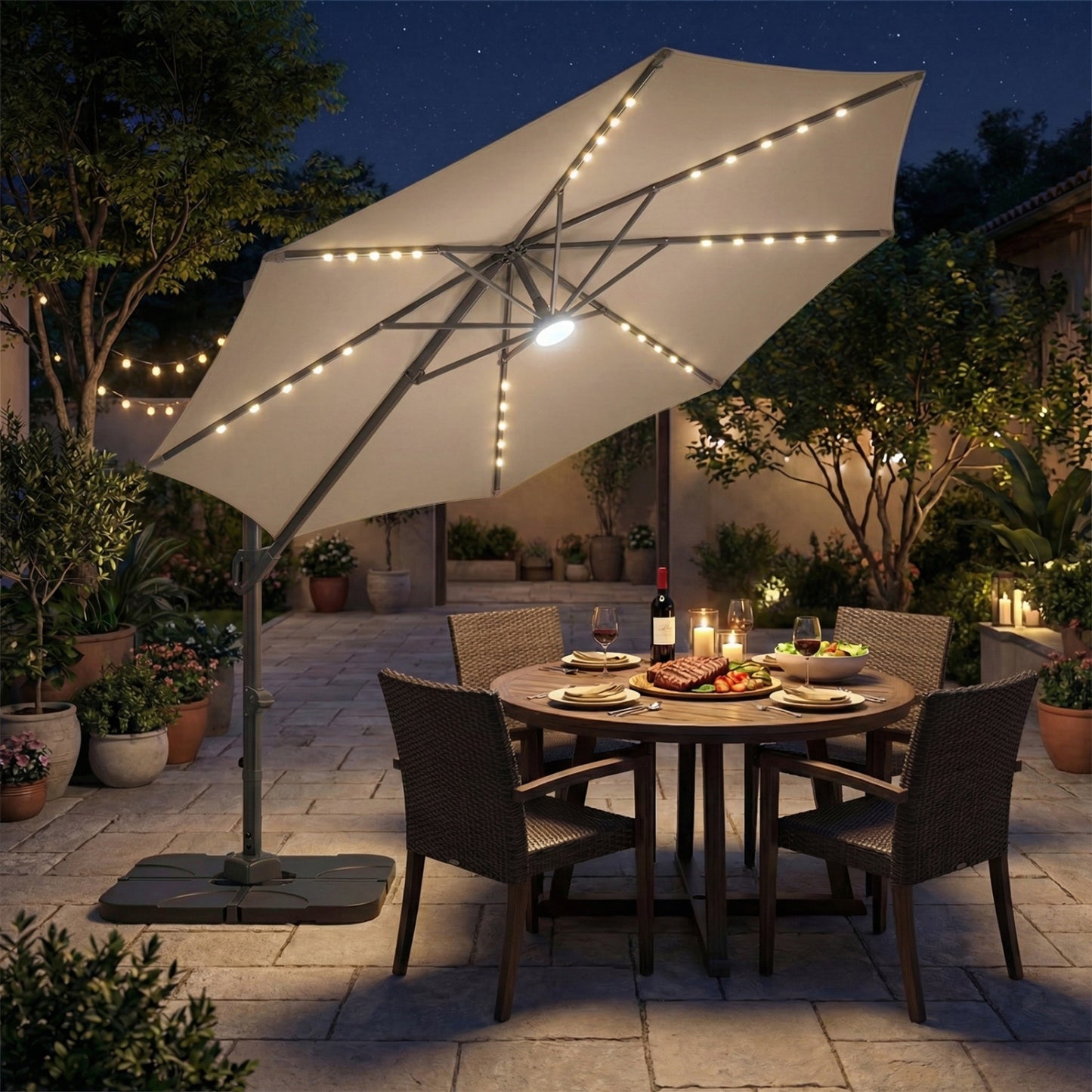 Beige 10 ft cantilever patio umbrella with 35 solar LED lights and 220 lbs base, outdoor umbrella by Wilsons Home Store