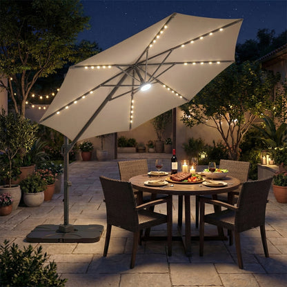 Beige 10 ft cantilever patio umbrella with 35 solar LED lights and 220 lbs base, outdoor umbrella by Wilsons Home Store