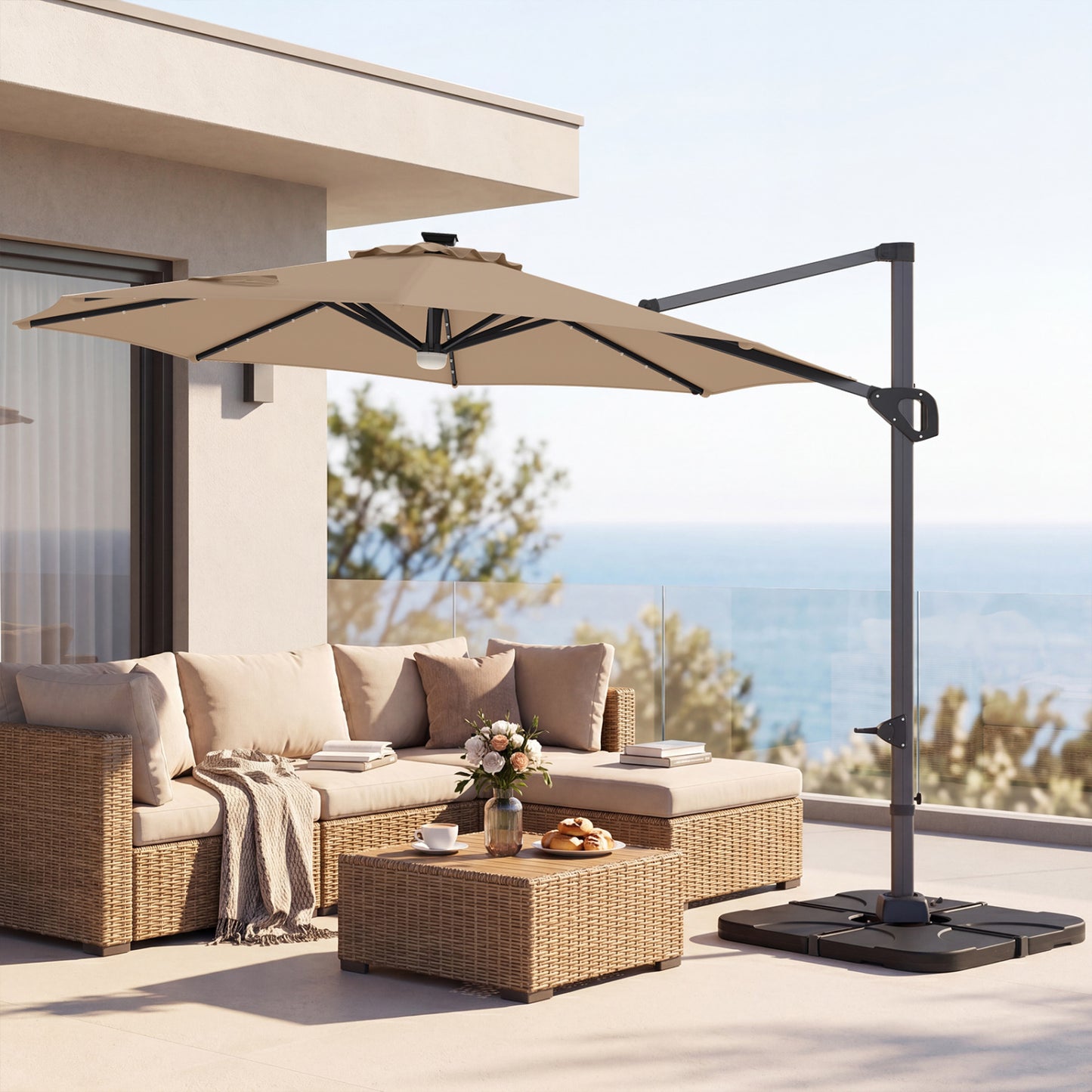 Beige 10 ft cantilever patio umbrella with solar LED lights and heavy 220 lbs base, ideal for outdoor shade and relaxation.